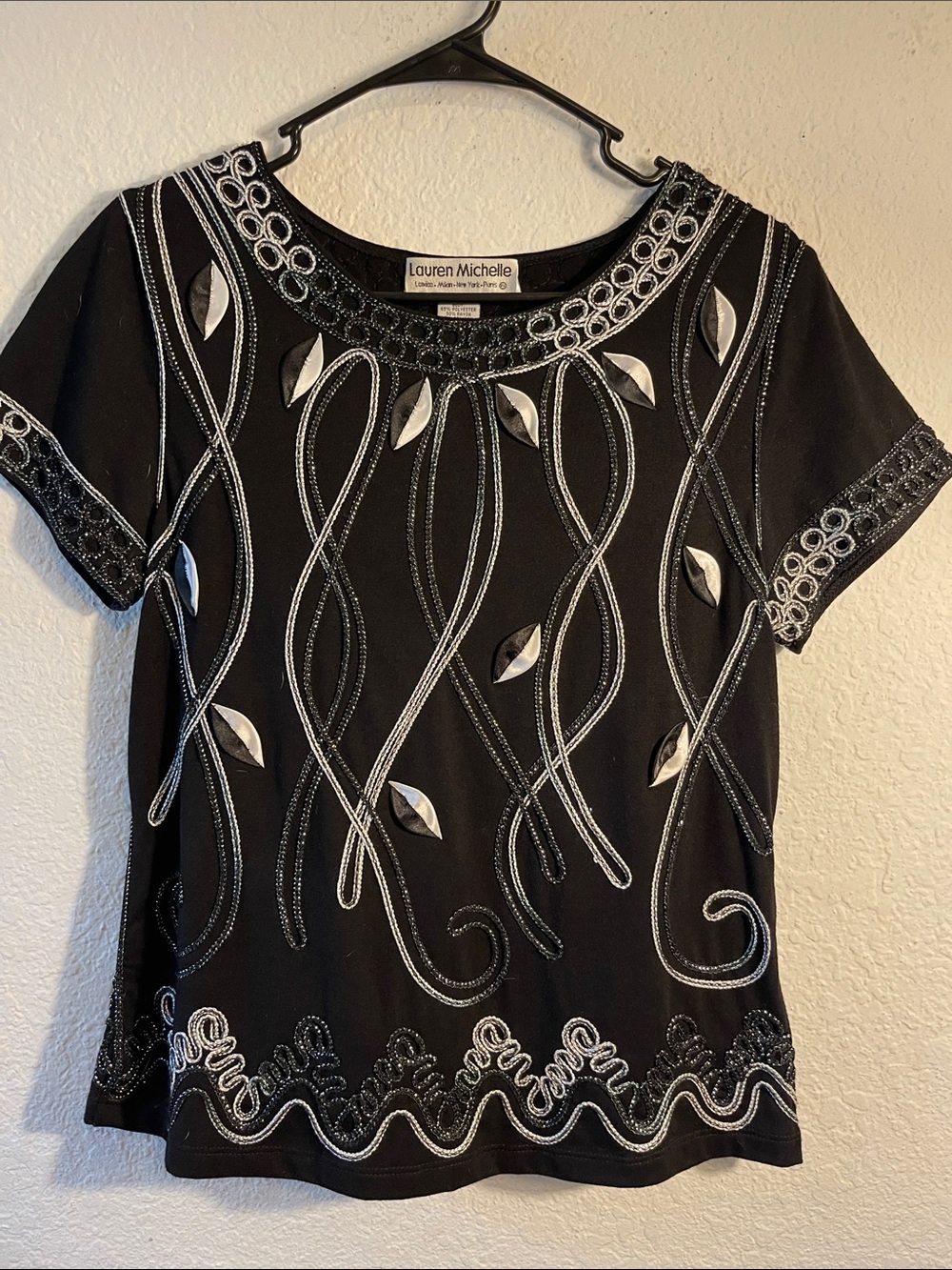 Lauren Michelle Black Embellished Short Sleeve Blouse Size M